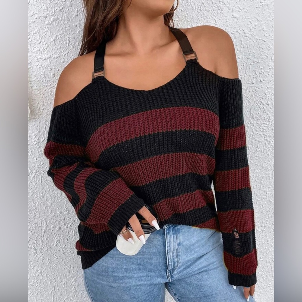 Cold Shoulder Distressed Striped Long Sleeve Sweater - Shein Curve